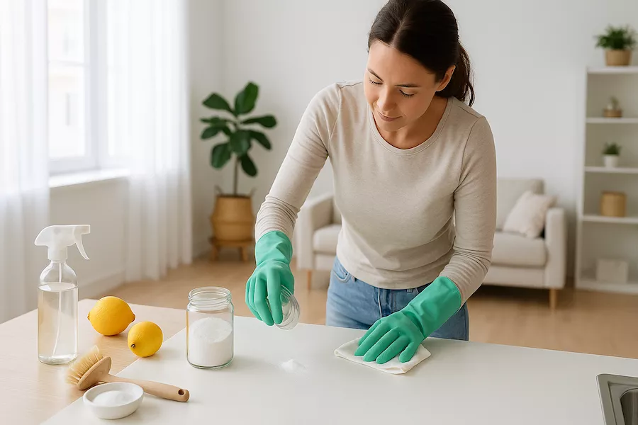 “Person storstädar med naturliga rengöringsprodukter i ett ljust och fräscht hem – symboliserar miljövänlig storstädning med fokus på hållbarhet och kemikaliefria metoder”